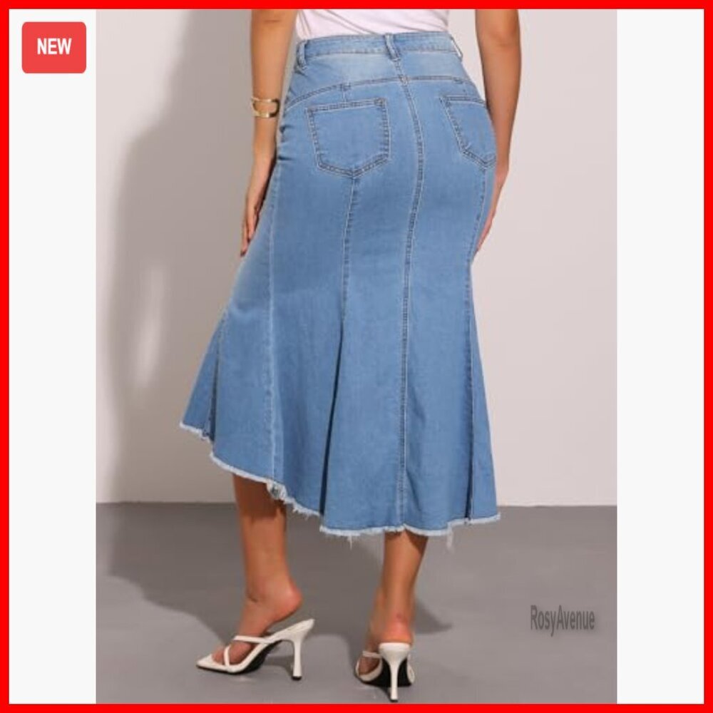 High Waist Midi Denim Skirt with Raw Hem and Pockets - Picture 4 of 5